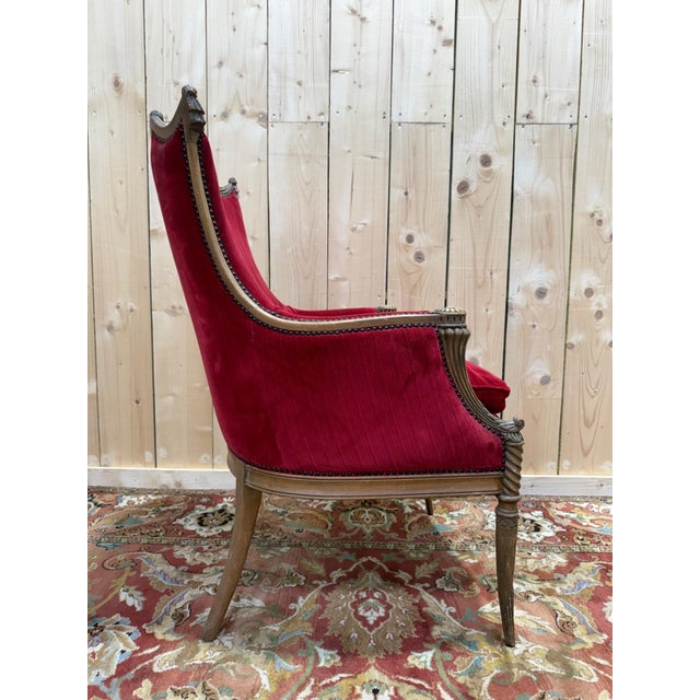 Art Nouveau Gondola-Style Bergère Chair in Carved Wood and Red Velvet, 1890s For Sale - Image 3 of 8