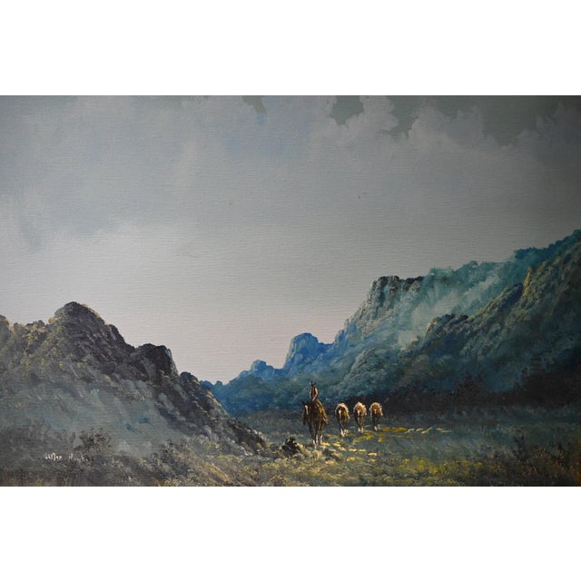 Original oil on canvas by Western artist Lester Hughes (b. 1940), titled Untitled (Pack Train). The composition captures a...