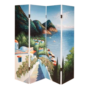 20th Century Continental Hand-Painted Oil on Board Four-Fold Floor Screen