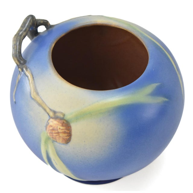 Roseville Pottery 1930's Roseville Pine Cone Blue Vintage Art Pottery Ceramic Bowl or Vase, 261 - 6 For Sale - Image 4 of 5