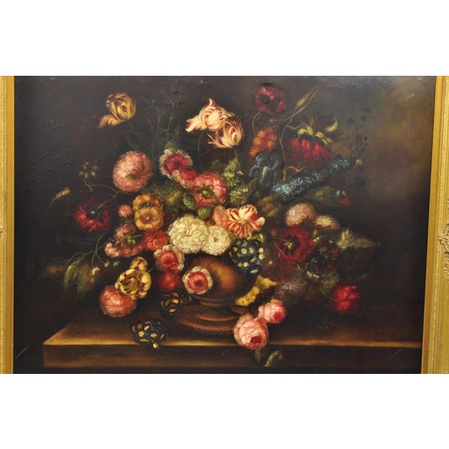 Victorian Late 20th Century Large French 58 X 70 Gold Frame Still Life Oil Painting With Bouquet of Flowers For Sale - Image 3 of 12