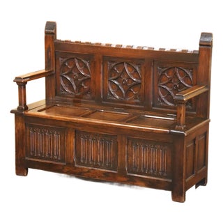 Early 20th Century French Gothic Revival Carved Oak Hall Bench With Storage For Sale