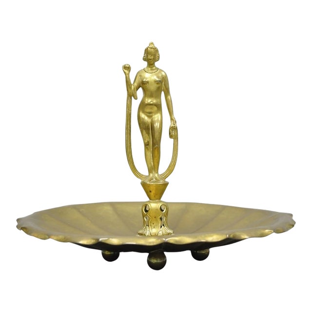 Vintage Art Nouveau Brass Figural Nude Woman Centerpiece Compote Dish Bowl For Sale