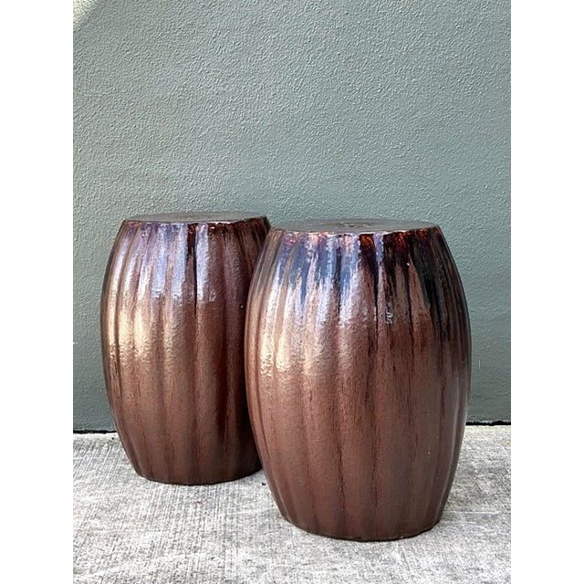 Late 20th Century Vintage Glazed Ceramic Glazed Low Stools - A Pair For Sale - Image 5 of 12