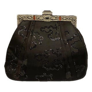 Judith Leiber 80s Art Deco Style Frame Embroidery Marcasite Style Gemstone Velvet Shoulder Clutch Evening Bag Vintage For Sale