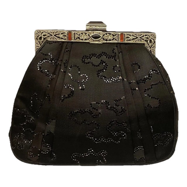 Judith Leiber 80s Art Deco Style Frame Embroidery Marcasite Style Gemstone Velvet Shoulder Clutch Evening Bag Vintage For Sale