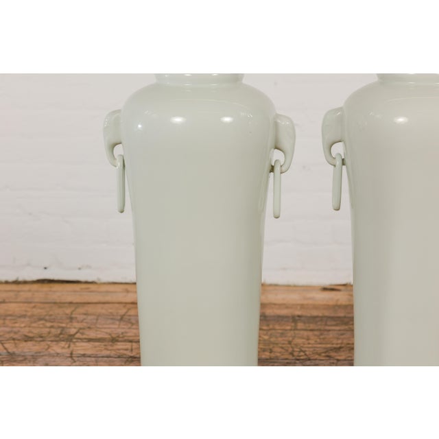 Ceramic Tall and Slender Vintage White Porcelain Elephant Handles Altar Vases - A Pair For Sale - Image 7 of 12