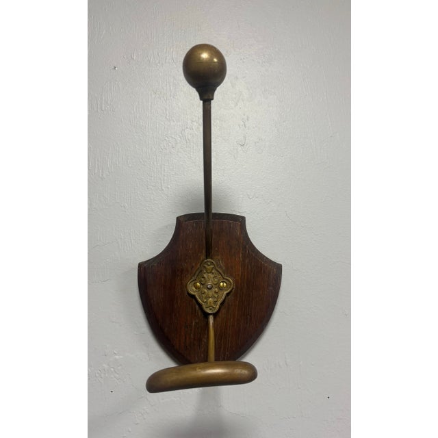 English Vintage Wood and Brass Wall Mounted Hall Tree Hook for Hat and Coat For Sale - Image 3 of 5