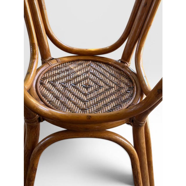 Vintage French Style Bistro Bamboo and Rattan Dining Set Round Glass Top Table and Four Armchairs 5 Pieces For Sale - Image 12 of 16