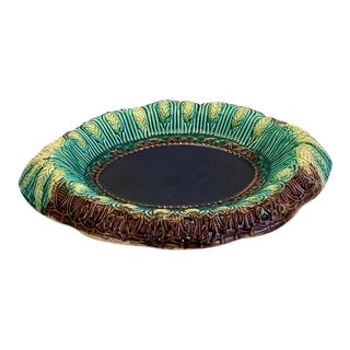 19th Century English Majolica Green & Cobalt Blue Oval Bread Tray For Sale