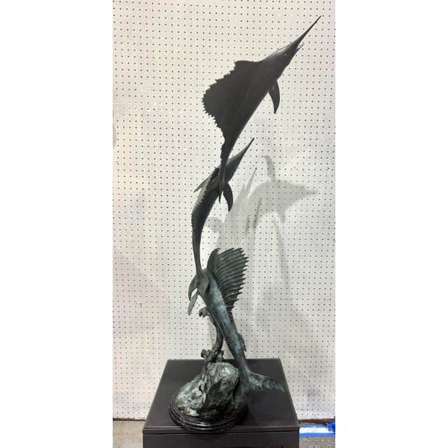 Bronze Late 20th Century Large 51” Solid Bronze Marlin Sailfish Big Game Fishing Sculpture For Sale - Image 8 of 12