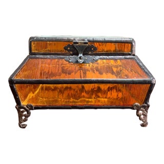 Stunning Rich Deep Amber Wavy Glass Casket/Box With Leaded Edges. Detailed Brass Feet and Hardware, a Beveled Clear Glass Top, and Mirrored Inside. For Sale