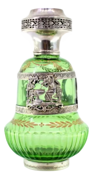 Liqueur Bottle in Green Glass with Relief Applications and Silver Lid