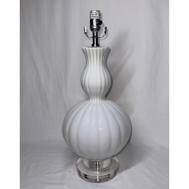 Ribbed White Glass Double Gourd Lamp Lucite Base For Sale - Image 9 of 10