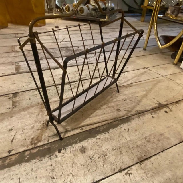 1950s 1950s Mid-Century Modern Black Painted Iron and Brass Italian Magazine Rack For Sale - Image 5 of 9