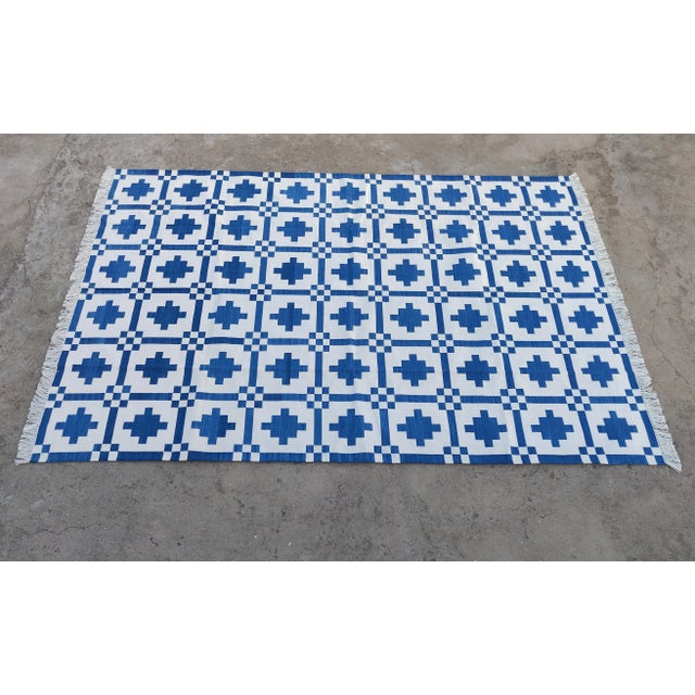 Handmade Cotton Rug, Indigo Blue And White Star Pattern Striped and Cream Fringe - 8'x10' For Sale - Image 10 of 10
