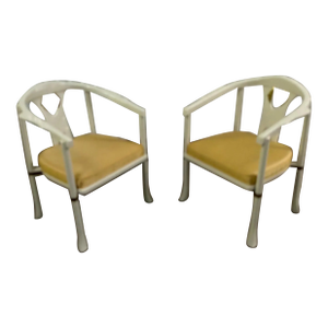 1970s Century True White Lacquer Brass Asian Modern Horseshoe Chairs-Set 2