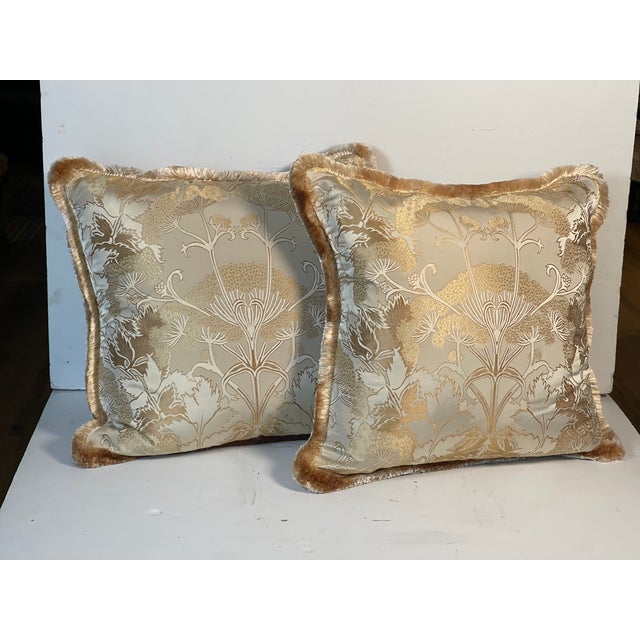 Shabby Chic Gorgeous Pair Fortuny Style Silk Brocade Pillows With Fringes and Feather Down For Sale - Image 3 of 8