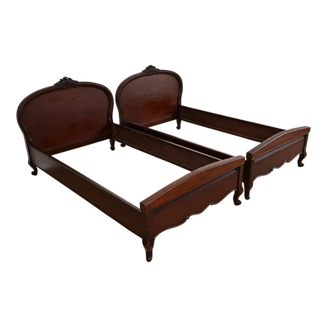 Romweber Style Antique French Provincial Louis XV Carved Mahogany Twin Beds, Pair For Sale