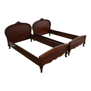 Romweber Style Antique French Provincial Louis XV Carved Mahogany Twin Beds, Pair