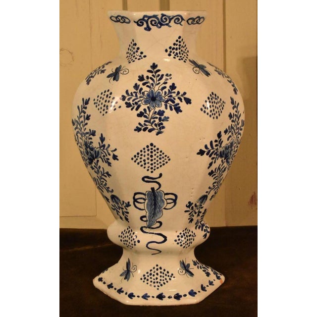 Blue and white Delft bombe' form vase, 18th / early 19th century. most popular baluster form of the period with hand drawn...