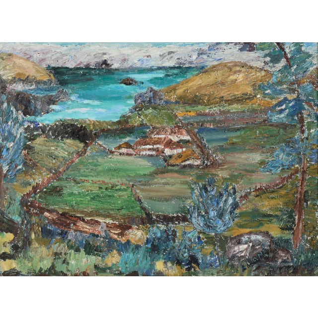 Heavily textured, 1962 abstracted landscape by Humbolt area artist Alma B. Leamey (American, 1901-1996). The viewer looks...