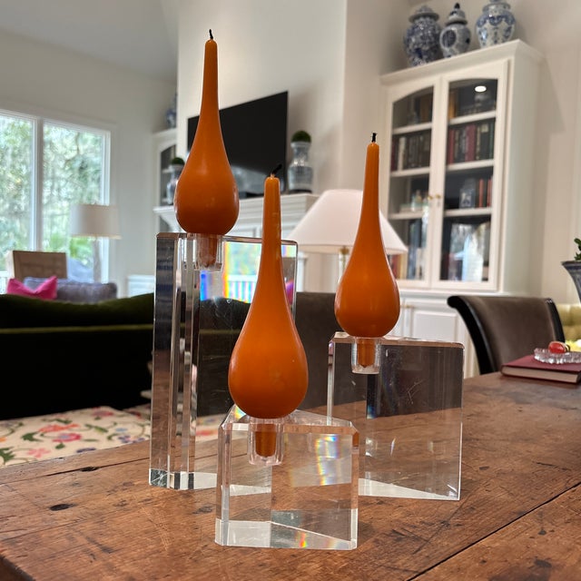 Set of Three Triangular Acrylic Candlesticks For Sale In Savannah - Image 6 of 6