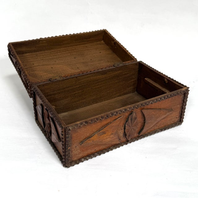 Brown Antique Tramp Art Box Personalized by the Artist For Sale - Image 8 of 12