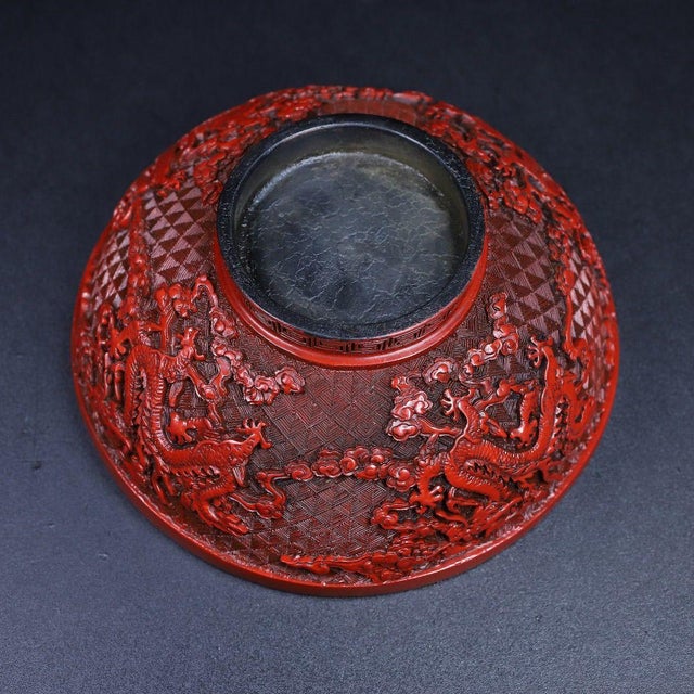 Paint Vintage Chinese Cinnabar Carved Lacquer Bowl With Dragon Motif For Sale - Image 7 of 10