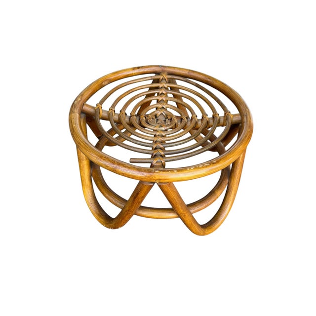 Brown Vintage 1970s Rattan Round Ottoman — Woven Boho Foot Stool For Sale - Image 8 of 10