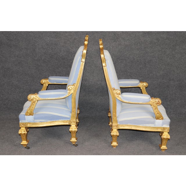 Late 19th Century 19th C. Pair French Napoleonic Style Armchairs, Giltwood & Blue Upholstery For Sale - Image 5 of 16