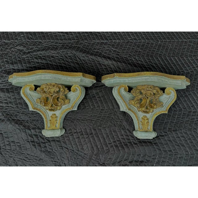 Large Vintage Gilt and Aqua Wall Brackets - a Pair For Sale - Image 10 of 11