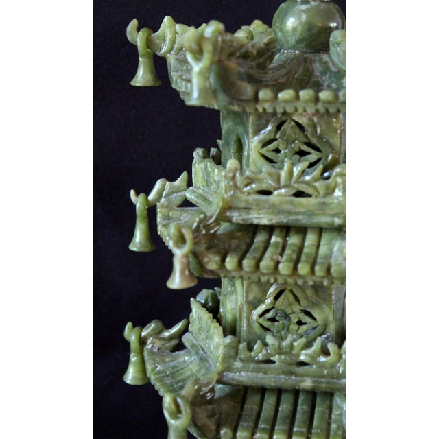 Vintage Chinese Jade Pagoda Sculpture – Hand-Carved Multi-Tier Celadon Green Temple Tower, Asian Feng Shui Decorative Stone Figurine on Red Wood Stand For Sale - Image 12 of 17