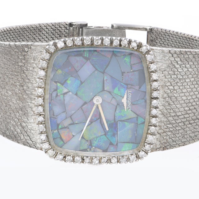 Vintage Longines Opal Mosaic Dial 34mm Diamond Bezel 18k White Gold Watch For Sale - Image 4 of 14