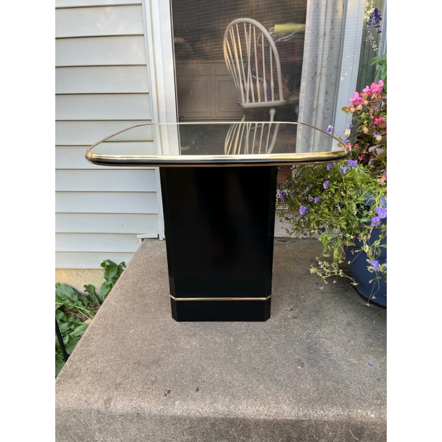 Postmodern Side Tables With Mirror Top & Black Laquered Pedestal Base, Set includes two. In beautiful vintage condition!