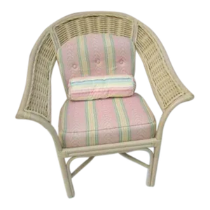 1970s Vintage Ficks Reed Bamboo Rattan Cushion Pink Stripes Whitewash Armchair