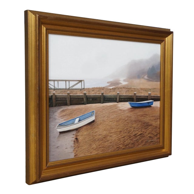 "Vintage beach seascape oil painting on canvas featuring a coastal landscape with a pair of row boats pulled onto the...