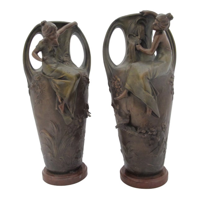 Francois Moreau Signed Female Figural Bird & Flower Art Nouveau Bronze Vase Pair For Sale