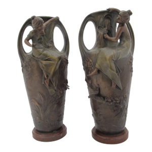 Francois Moreau Signed Female Figural Bird & Flower Art Nouveau Bronze Vase Pair