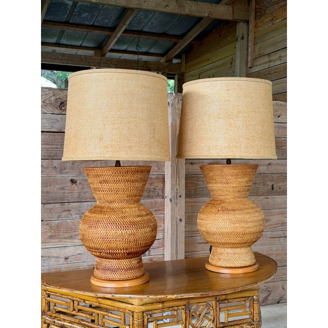 Pair of Vintage Sculptural Woven Rattan Table Lamps With Original Shades For Sale - Image 10 of 12