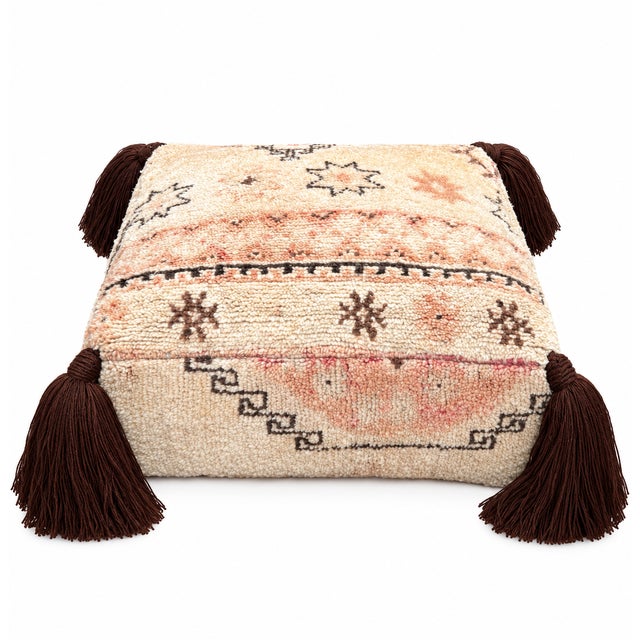 Moroccan floor pouf made from an abstract midcentury rug handwoven in beige, brown and coral hand spun wool. Handcrafted...