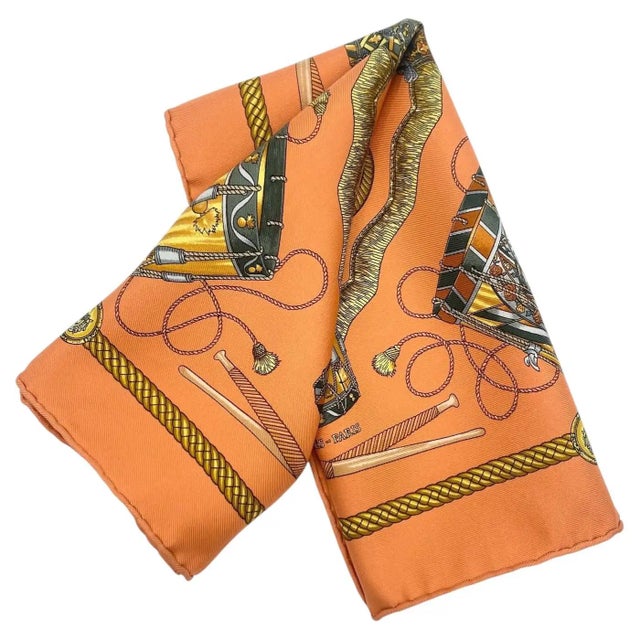 French 20th Century Classic Orange Silk Carrè Scarf "Les Tambours" by Hermes For Sale - Image 3 of 13