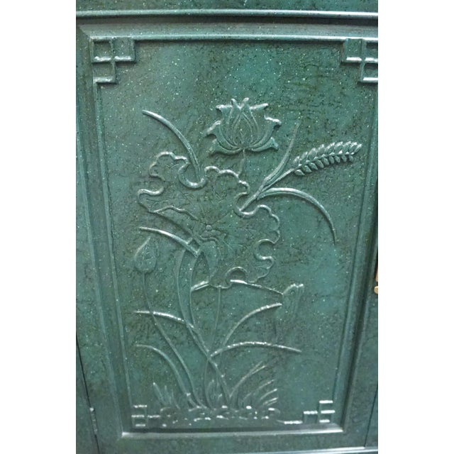 Henredon Furniture Green Asian Chinoiserie Faux Malachite 36" Storage Cabinet W. Embossed Floral Detail For Sale - Image 11 of 17