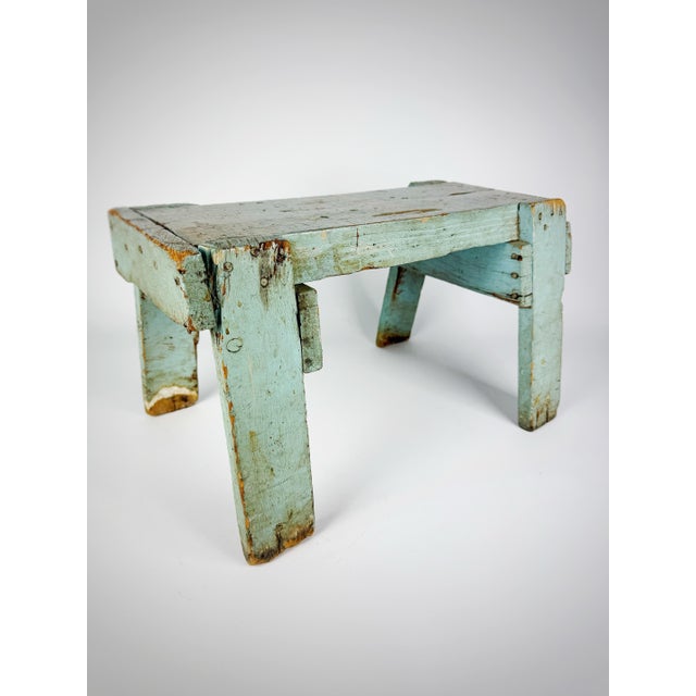 Primitive Blue Painted Wooden Stool | Antique Farmhouse Riser | Rustic Chippy Paint Footstool For Sale - Image 4 of 12