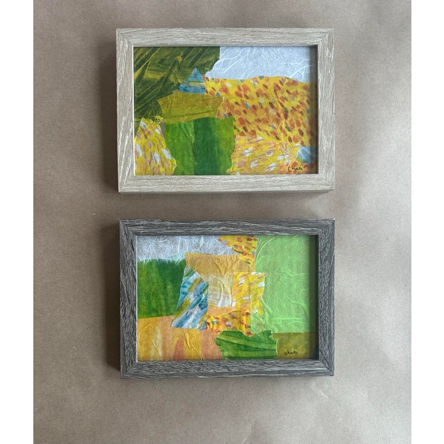 A vibrant pair of original mixed media collages featuring layered, hand-torn papers in fresh greens, warm ochres, and soft...