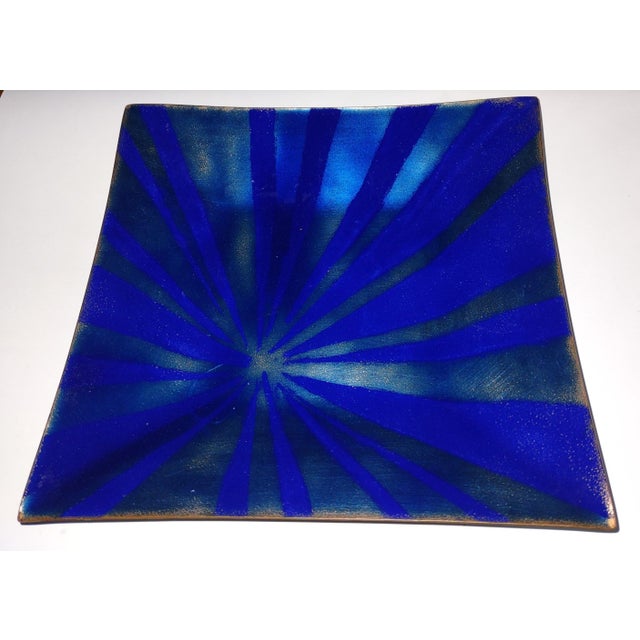 Mid 20th Century Brilliant Blues -- 20th Century MCM Copper Enamel Geometric Dish / Catchall Signed "Stone" For Sale - Image 5 of 8