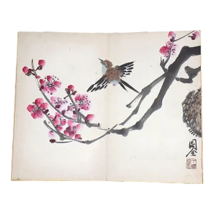 Original Antique Signed Early 20th Century Chinese Watercolor Bird Painting on Board
