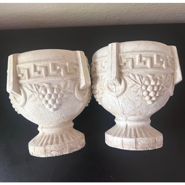 Vintage Concrete Pedestal Urn Planters – Greek Key Grapevine Garden Jardinières - A Pair For Sale - Image 10 of 12