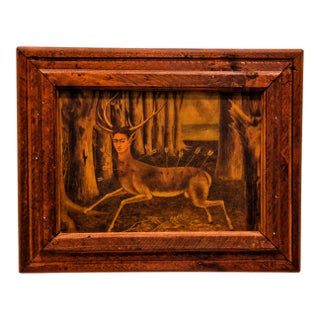 Mid-Century Turista Mexican Folk Art: Frida Kahlo "Wounded Deer" (1946) Lithograph on Canvas - Rustic Pine Frame For Sale
