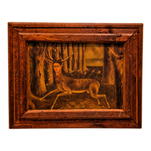Mid-Century Turista Mexican Folk Art: Frida Kahlo "Wounded Deer" (1946) Lithograph on Canvas - Rustic Pine Frame